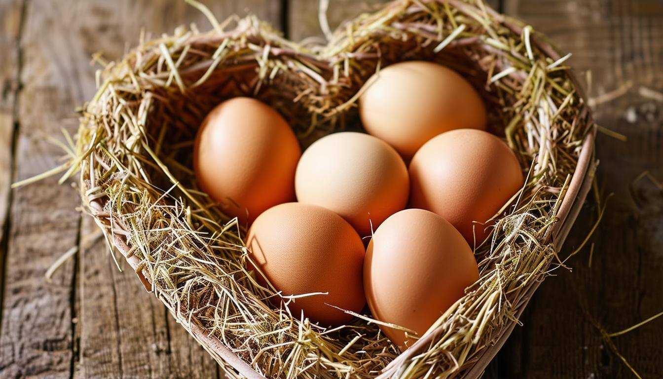 farm fresh eggs in a heartshaped basket